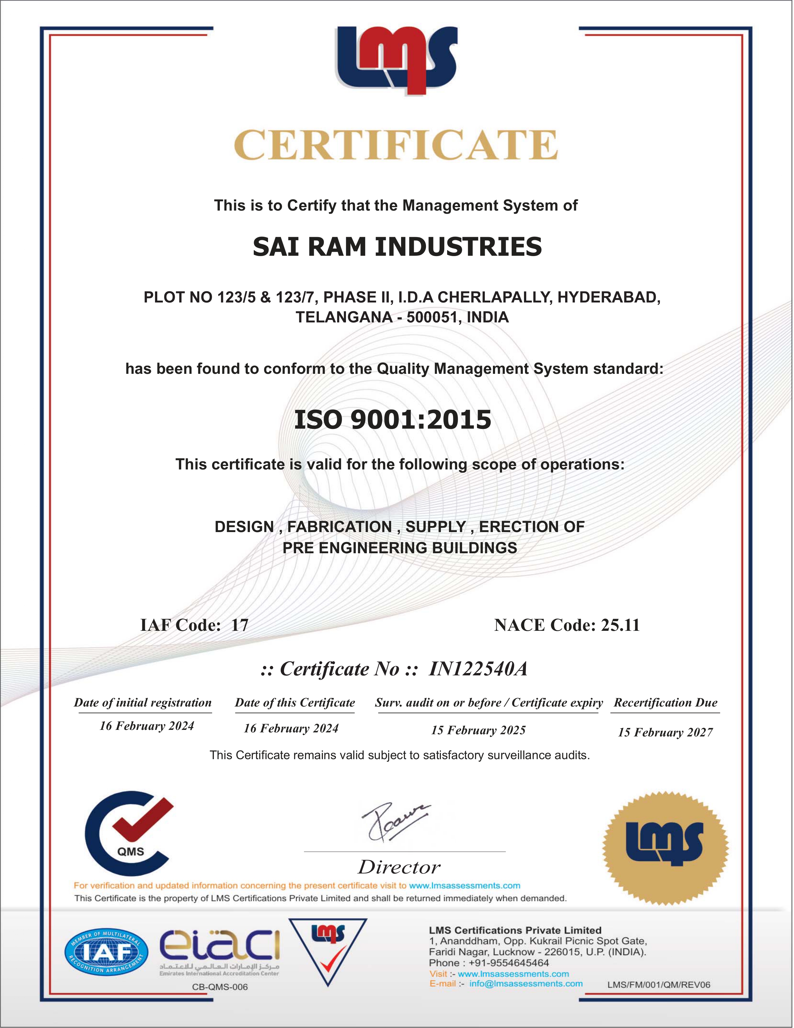  Sairam Industries ISO 9001 Certified Company 