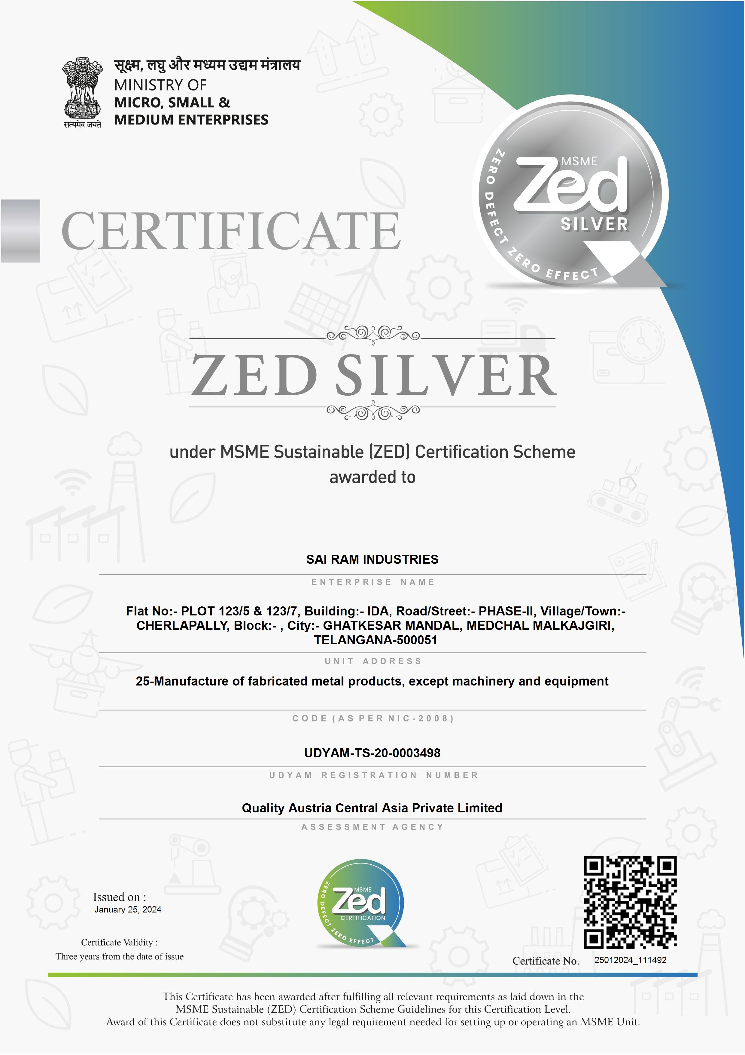 Sairam Industries MSME Sustainable ZED Silver Certified Company